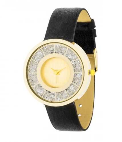 Gold Black Leather Watch With Crystals